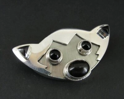 Broche colgante broche piedra abulón ónix negro cara plata gato Sajen 925  Foto 1 de 4