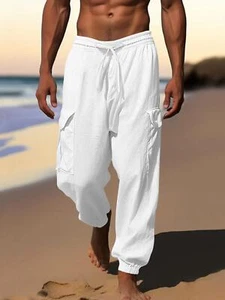 Men's Cotton Linen Harem Pants Casual Beach Yoga Trousers with Elastic Waist NEW - Picture 1 of 14