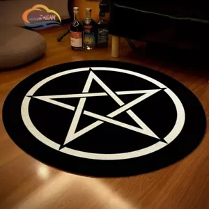 Pentagramm Symbol Teppich - Rund schwarzer Teppich mit weißem Pentagramm Muster Bodenmatte - Bild 1 von 15