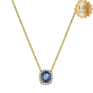 14K Gold VS/F-G Diamond And Cushion Blue Sapphire (1 CT) Pendant Necklace - Bild 1 von 5
