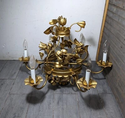 Vintage Gold Gilt Tole Metal 6-Light Floral Chandelier Italian Hollywood Regency - Image 1 of 4