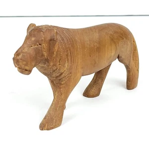 Vintage Hand-Carved Wooden Lion Figurine 5” – Folk Art Safari Animal Statue - Picture 1 of 16