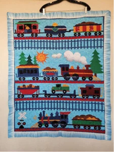 Baby Boy Train Quilt, nursery Blanket 41 x 33 inches Blue Red - Picture 1 of 4