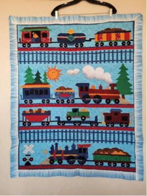 Baby Boy Train Quilt, nursery Blanket 41 x 33 inches Blue Red - Image 1 of 4