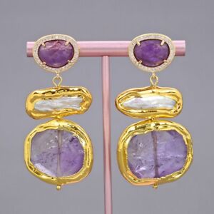 Purple Amethyst White BIwa Pearl Gold Plated Amethyst CZ Paved Stud Earrings