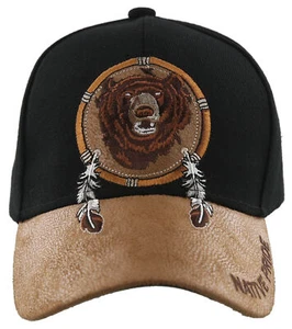 NEW! NATIVE PRIDE BEAR FEATHERS FAUX LEATHER BASEBALL CAP HAT BLACK - Picture 1 of 4