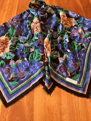 "Bufanda de lana ECHO chal azul marrón floral grande hecha en Japón 46x46"" defecto vintage" Foto 1 de 4