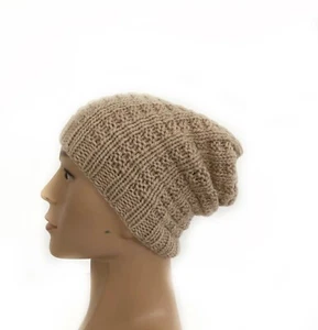 Beige Handmade Mens Slouchy Beanie Knitted Wool Hat Medium - Picture 1 of 3