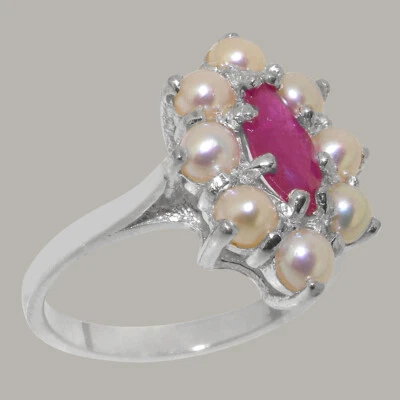 Solid 925 Sterling Silver Natural Ruby & Pearl Womens Cluster Ring - Image 1 of 4