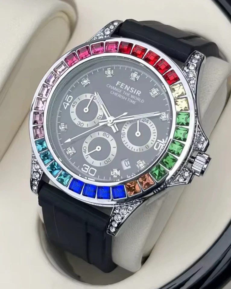 Orologio Cronografo Diamanti Rainbow Cinturino Gomma Luxury Multicolor Argento - Immagine 1 di 2