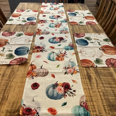 Set Of 4 Fall Themed Placemats And 1 Table Runner 65x13 Inches. Pumpkins - Image 1 of 4