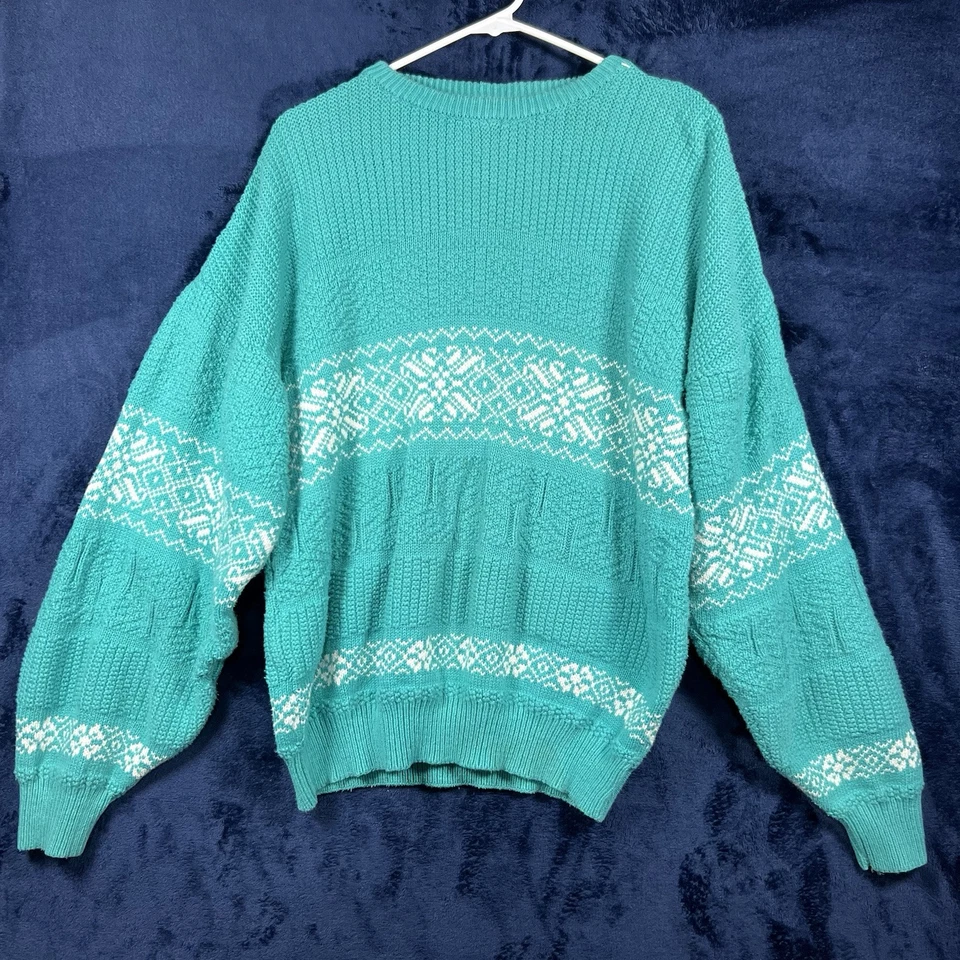 Vintage Saks Fifth Av Teal Sweater Made In Italy XL White Snowflake Pattern - Image 1 of 4