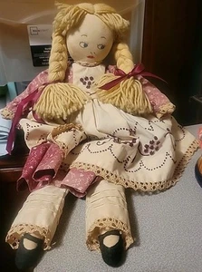 Cloth Rag Doll Yarn Hair Blonde in Braids With Bangs 18" Gingham Heart Vintage - Picture 1 of 3