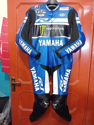 Traje de cuero Yamaha R1 Monster Energy Racing azul negro equipo de motocicleta” Foto 1 de 3