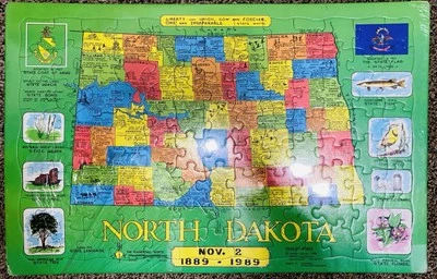 North Dakota Puzzle Map by Puzzlin' State Austin-Peirce 1988 Complete Jigsaw NIB - Image 1 of 4