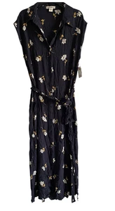 Billabong Little Flirt Black White Floral Midi Slit Collared Belted Dress Size L - Picture 1 of 9