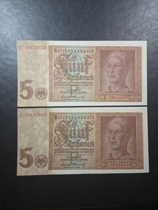 Germany. 5 Reichsmark Banknote 1942 Series Third Reich Banknote. Two Consecutive - Picture 1 of 6