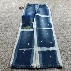 Dead Stock Baggy Y2K Embroidered Bleached Patched Skater Raw Blue Denim Jeans - Picture 1 of 8