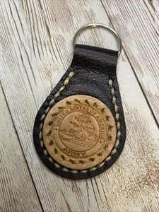 Handmade Brown Leather Keychain Ring With US Army Military Logo Shield Symbol - Picture 1 of 3