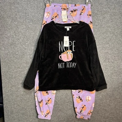 Weekend Edition Women XL Soft 2-Piece Lounge PJ Sloth Print Black Purple New - Image 1 of 4