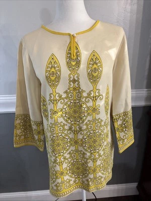 Túnica boho vintage 1970 Alfred Shaheen hippie amarela brilhante - Imagem 1 de 4
