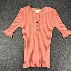 Sundance Ribbed Knit Top Womens Medium Henly 3/4 Sleeve Button Front Pink Casual - Picture 1 of 7