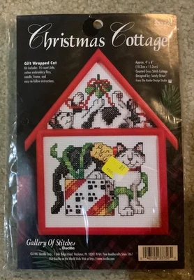 Gallery of Stitches Christmas Cottage Gift Wrapped Cat Cross Stitch kit - Image 1 of 2
