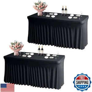 JCJ Table Skirt for Rectangle Tables Set of 2 Spandex Fitted Black Tablecloth - Picture 1 of 5