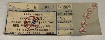 28/08/1999 Seattle Mariners New York Yankees MLB Boleto Talón Griffey Jeter Rivera Foto 1 de 2