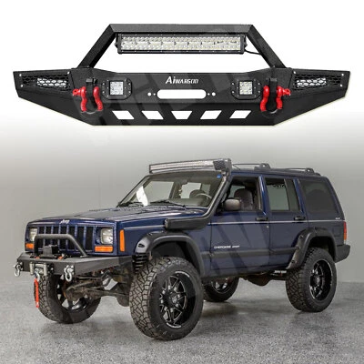 Parachoques delantero de acero para Jeep Cherokee XJ 1984-2001 con placa de cabrestante y 5 luces LED Foto 1 de 4