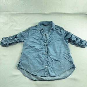 Veronica Beard Top Womens Medium Blue Rouched Sleeves Collar V Neck Pearl Snaps