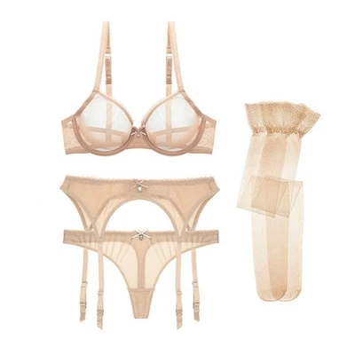 Conjunto de lencería sexy transparente de 4 piezas sujetador ultrafino de encaje tanga medias ligeras Foto 1 de 4