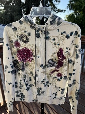 VTG Y2K Lucky Brand Zip Up Hoodie Womens S Floral Asian Inspired 100% Cotton Koi - Image 1 of 4