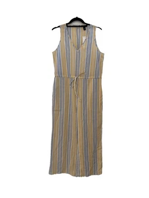New Anthropologie DREW Small Stripe Cropped Wide Leg Cotton Jumpsuit Blue Yellow - Image 1 of 4