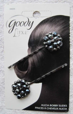 2 Goody Shiny Black Jewel Gem Round Design Metal Alicia Bobby Slide Hair Pins - Image 1 of 4