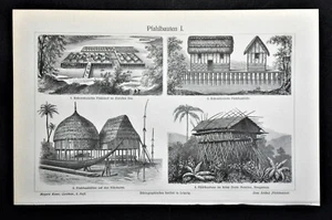 1898 Antike Lithographie:PALAFITTE Tav I VERSCHIEDENE GARNESI TAV II - Pfahlbauten.MEYERS. - Bild 1 von 2