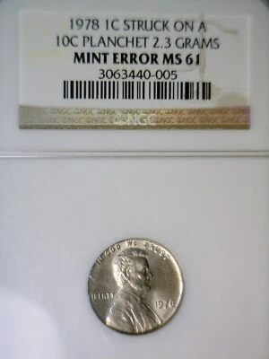 1978 ERROR NGC MS61 Off Metal Lincoln Cent on DIME Wrong PLANCHET BU ++ Coin  NR - Image 1 of 4