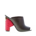 BALENCIAGA women shoes Black leather open toe mule with a red wrapped heel