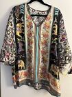 Johnny Was Butterfly Tunic Silk Elephants Floral Top Szl Ruched Sleeve Fringe