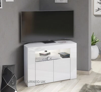 Corner TV Stand White High Gloss &Matt Unit Small Cabinet LED Lights Clifton 07