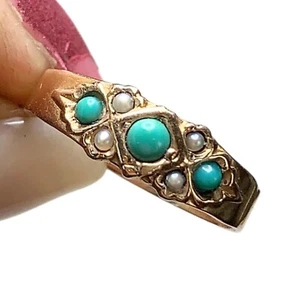 Antique 14k Gold + Green Turquoise Ring, Triplet with Seed Pearls, Size 7 3/4 - Picture 1 of 4