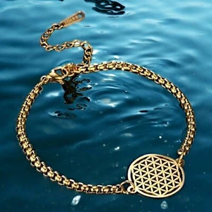 Flower of Life Ankle Bracelet Gold PVD 316L Stainless Steel Sacred Geometry - Picture 1 of 5