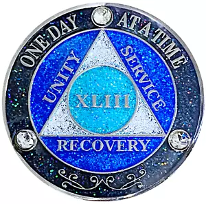 AA 43 Year Crystals & Glitter Medallion, Silver, Blue Color & 3 Crystals - Picture 1 of 2