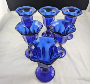 set of (6) Anchor Hocking cobalt blue tall footed ice cream Sundae glasses - Picture 1 of 6
