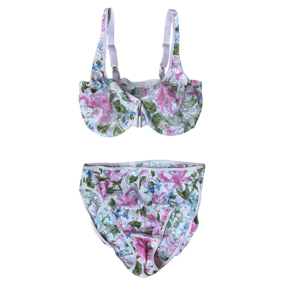 Victoria’s Secret Vintage Floral Lace Bra 34DD + Hi-Cut Brief Medium Set Pink - Image 1 of 4