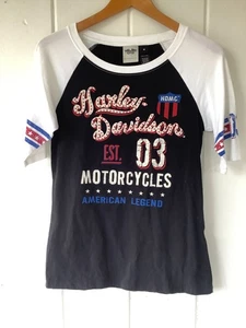 Harley Davidson Baseball T Shirt Women's MEDIUM Biker Motorcycle Navy Blue EUC - Picture 1 of 7