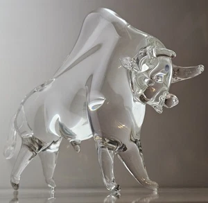 Vintage Murano Style Statue Heavy Glass Large Bull Crystal Clear 12" Display MCM - Picture 1 of 17