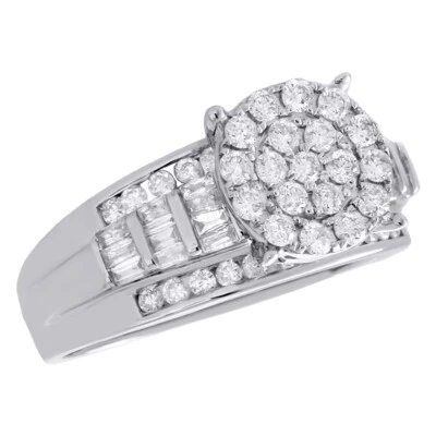 10K White Gold Round & Baguette Diamond Circle Cluster Engagement Ring 1 CT. - Image 1 of 4