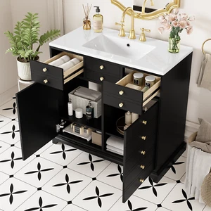 36"Bathroom Vanity w/Ceramic Sink Combo,Solid Wood Frame Bathroom Storage Cabine - Picture 1 of 12