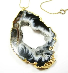 Druzy Geode Pendant Necklace 14K Plated Black Grey Brown Agate & Gold Fill Chain - Picture 1 of 4